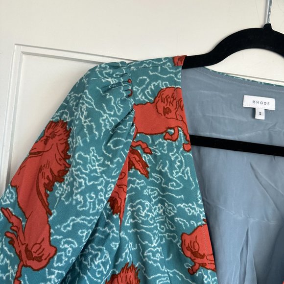 Rhode Mini Dress Velvet Plunge Neck Long Puff Sleeves Blue Horse Print Sz Small - Picture 7 of 9